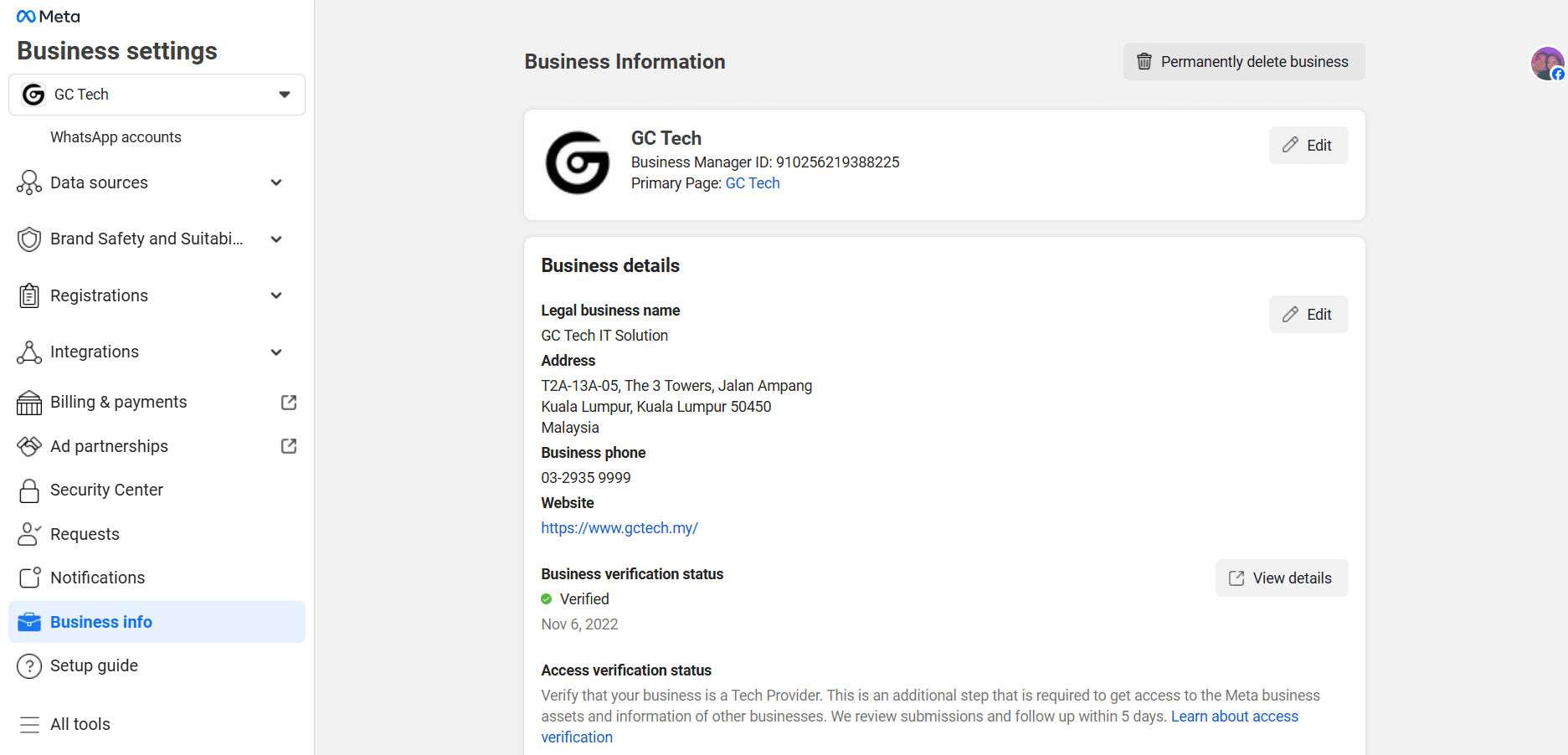 Meta Business Manager – Business Info verification page