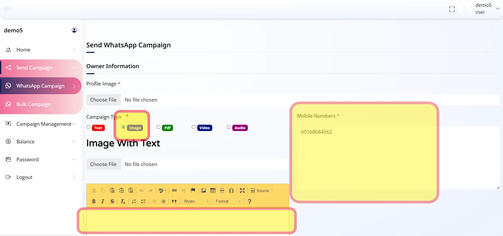 WhatsApp Campaign Test Send Step