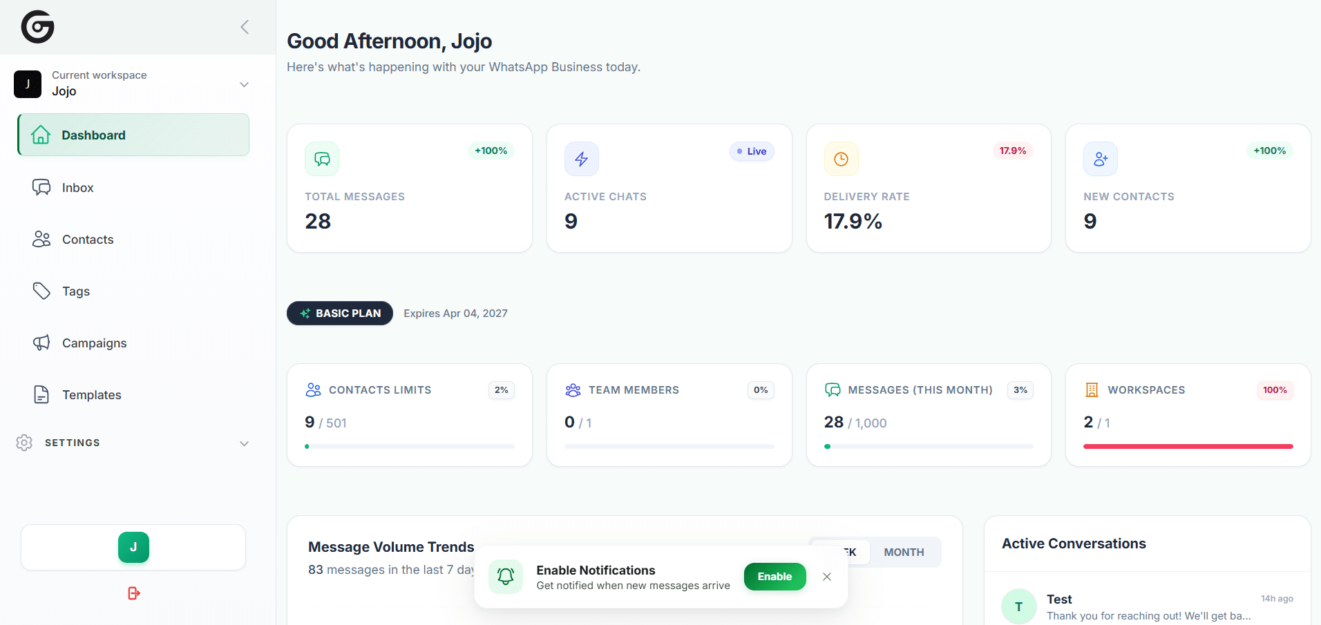Two-Way WhatsApp Blasting Dashboard Overview