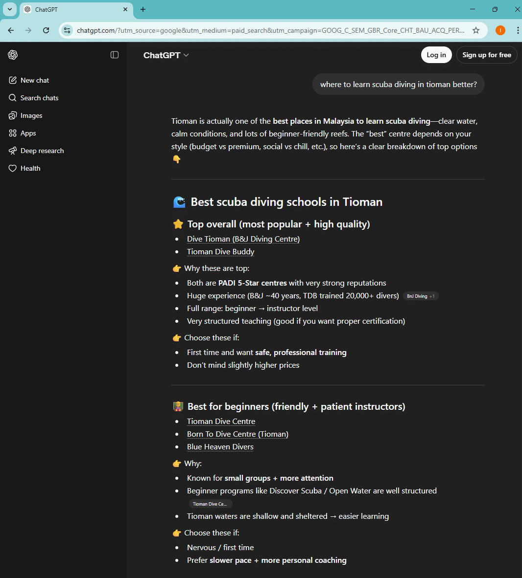 ChatGPT recommending Tioman Dive Buddy for scuba diving in Tioman